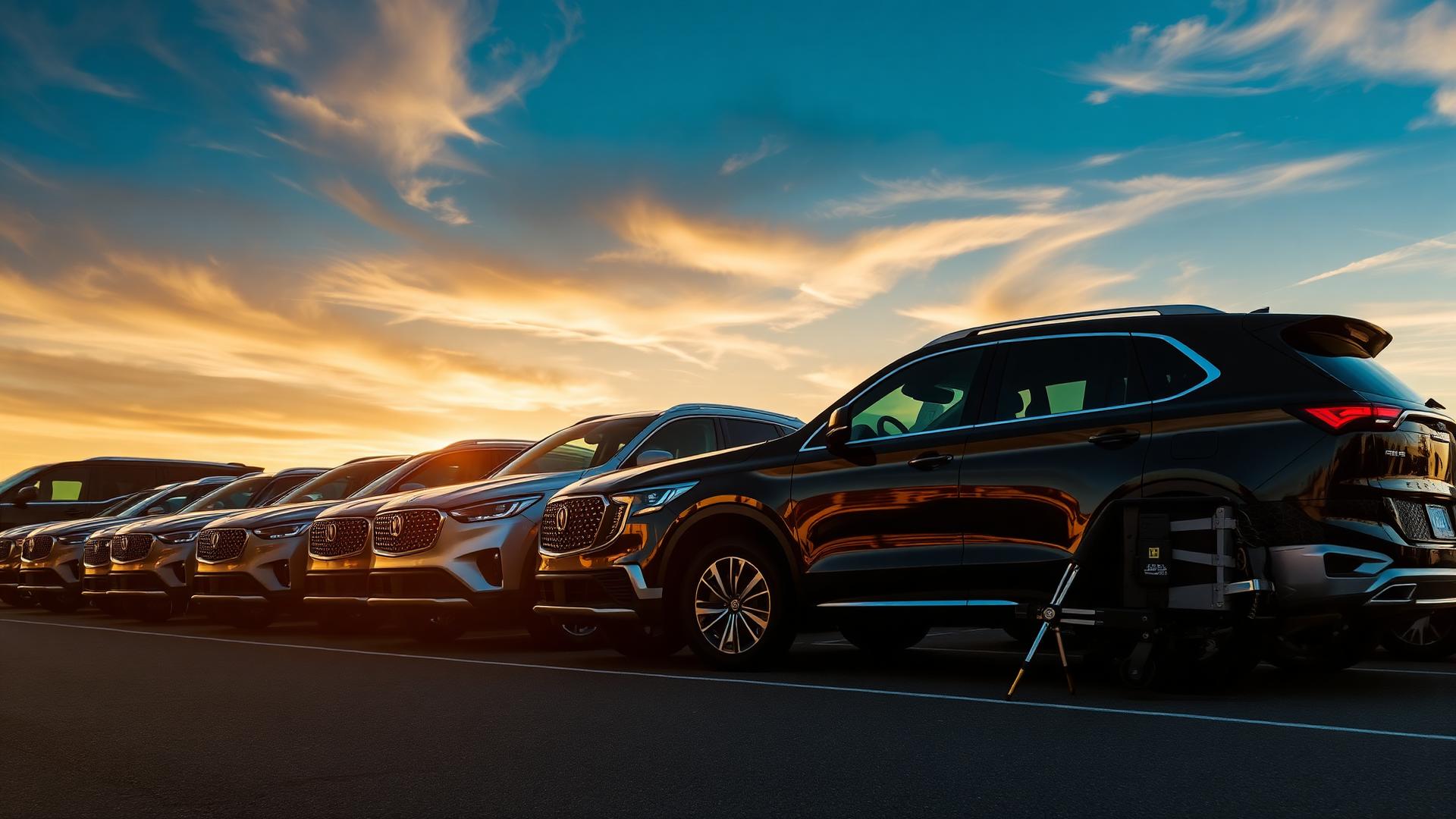 Dealership lot at golden hour